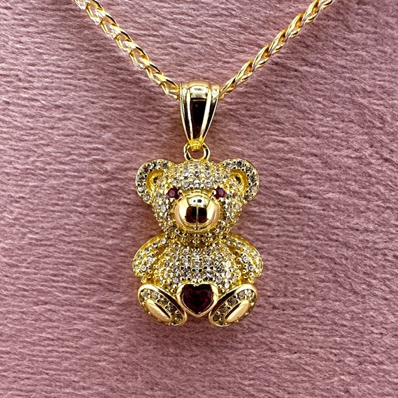 18K Gold Plated over 925 Sterling Silver Teddy Bear With Heart Pendant Necklace - Picture 3 of 9
